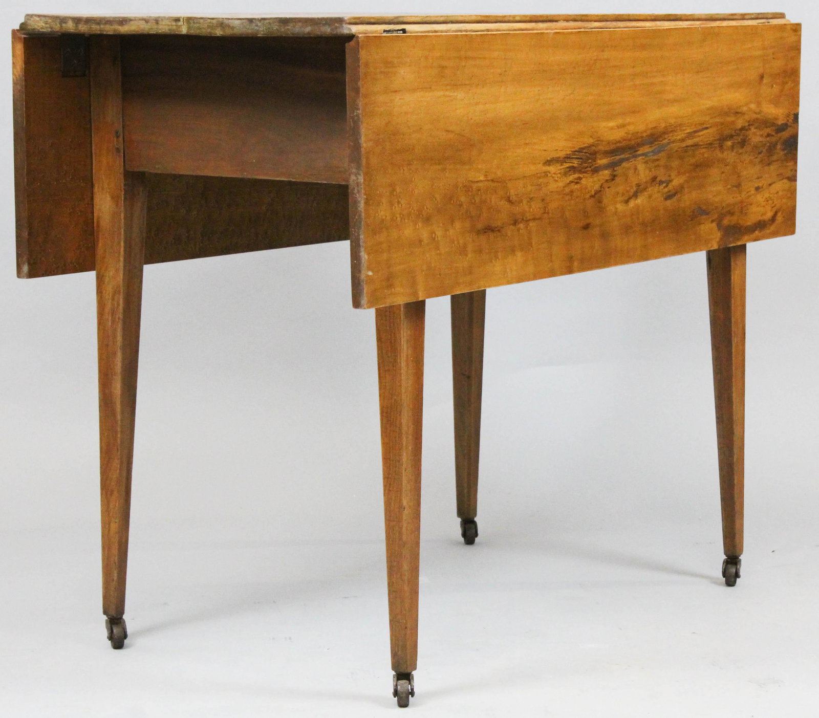Hepplewhite petite drop leaf table: Hepplewhite small drop leaf table. Birch and cherry. Refinished. 36" long