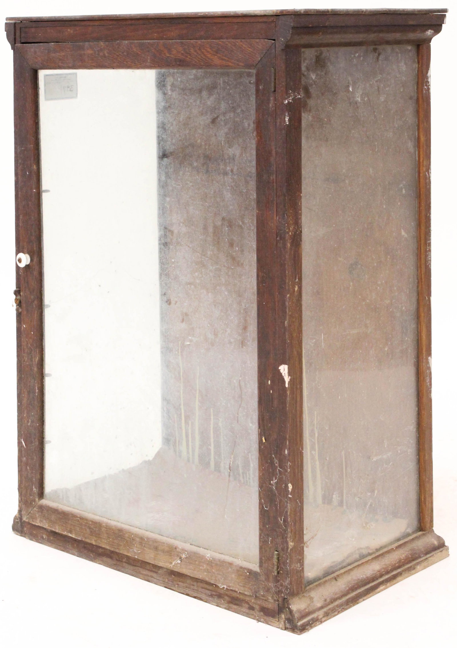 Oak Store Display Case: oak store display case, front glass replaced with masonite, glass shelves missing, case loose, 29" x 20 1/2" x 12"