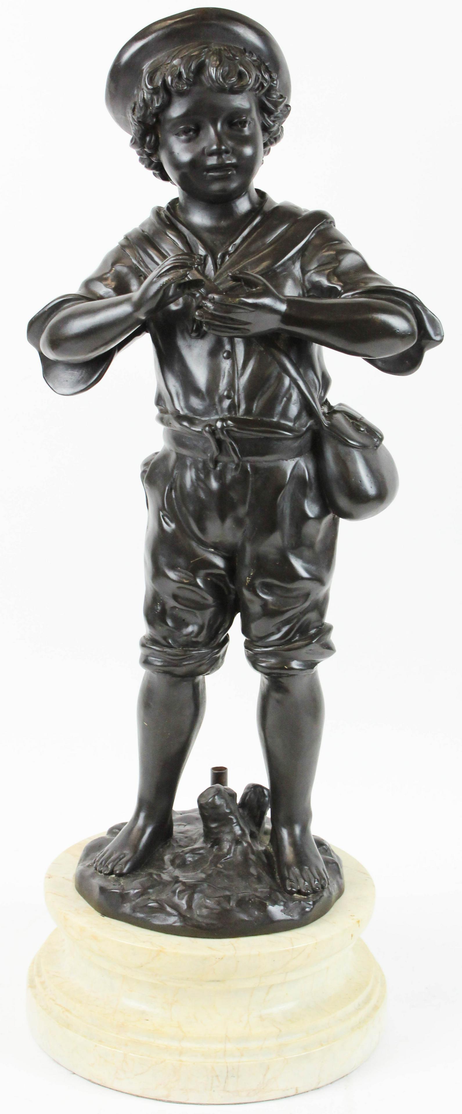 Patinated Bronze Sculpture of a Boy: H Moke patinated bronze metal sculpture of a boy, ht 23", overall ht w/ base 27", originally a lamp