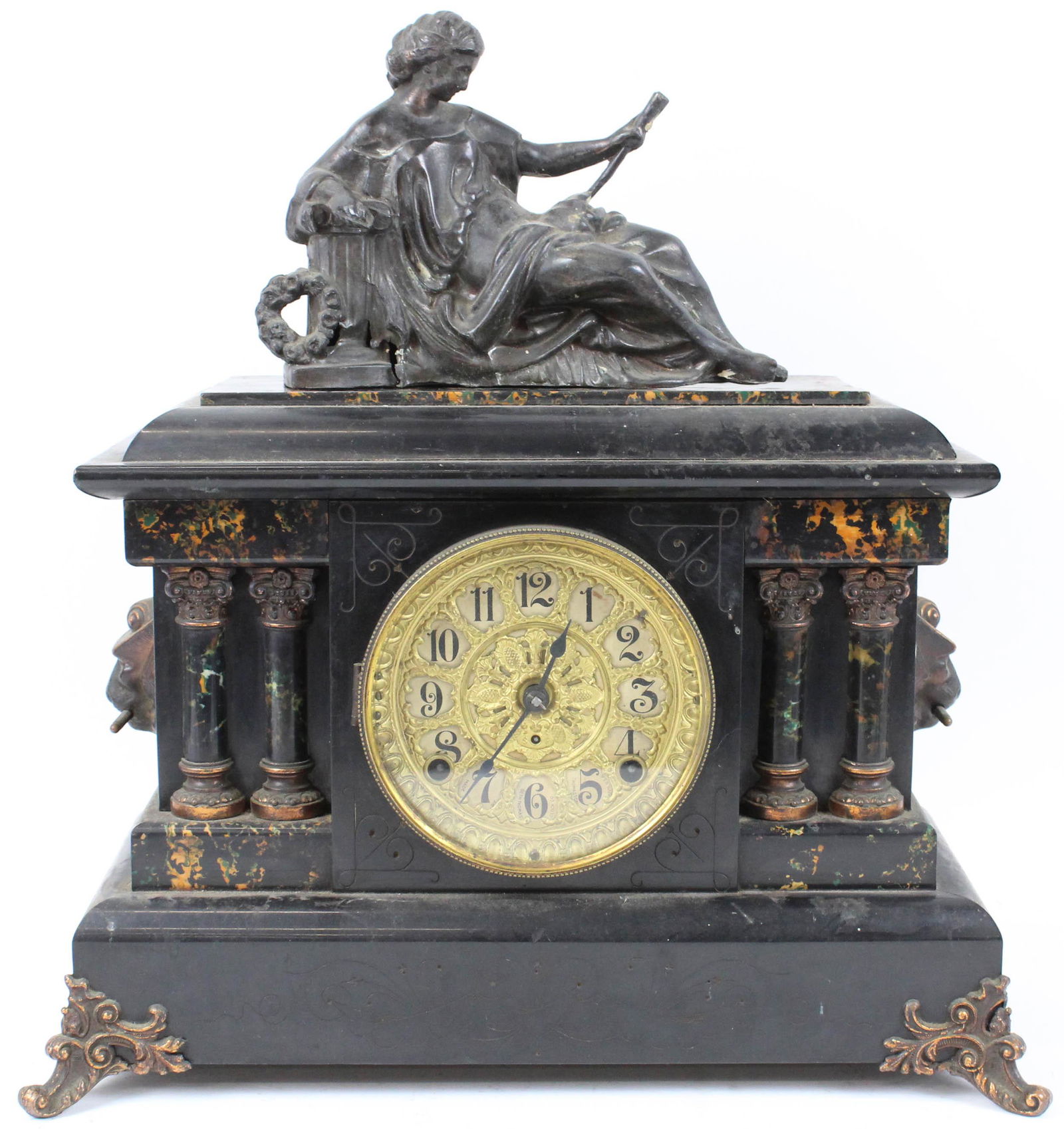 Seth Thomas Mantle Clock: Seth Thomas mantle clock, chime & strike, adamantine finish, sold with a white metal Classical clock figure, overall length 17"