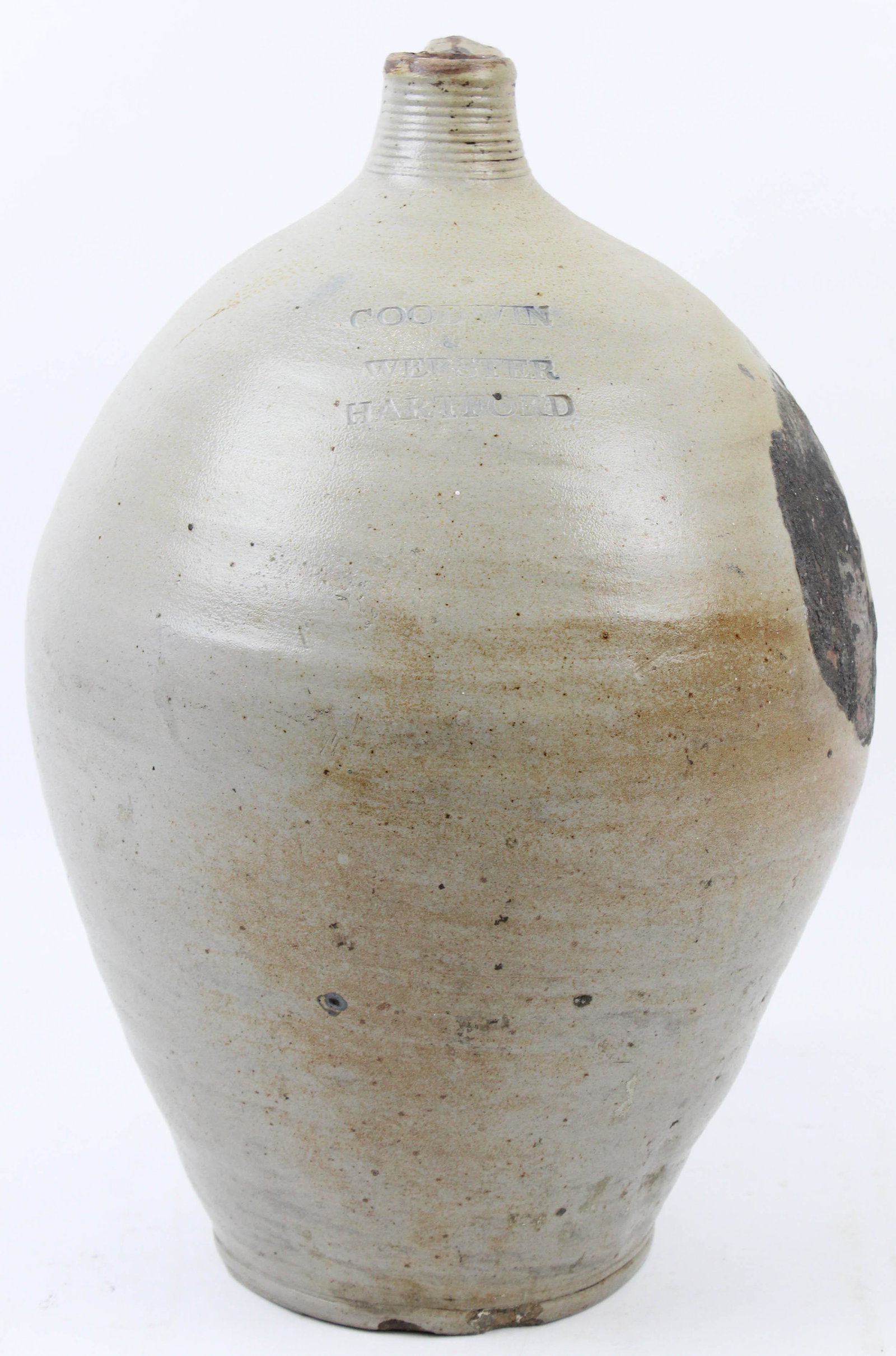 Goodwin & Webster, Hartford Ovoid Jug: early 19th c Goodwin & Webster, Hartford, CT 2 gallon stoneware jug, ht 16"