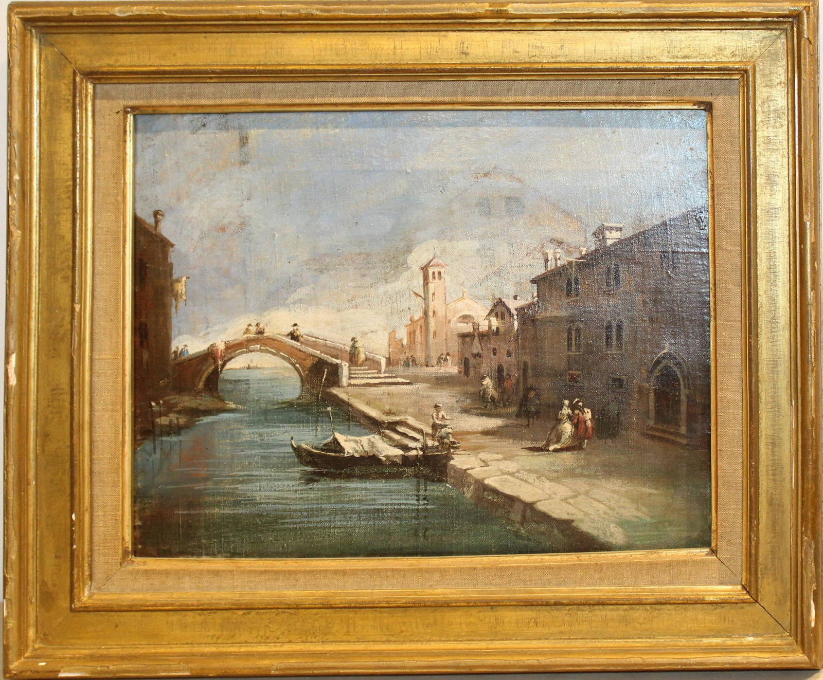 After Bernardo Bellotto (IT 1720-1780) Venetian Canal: After Bernardo Bellotto (Italian 1720-1780) Ventitian Canal oil on canvas with later handwritten notes, evidence of another under painting. Late 18th or Early 19th c canvas. 10 x 13"