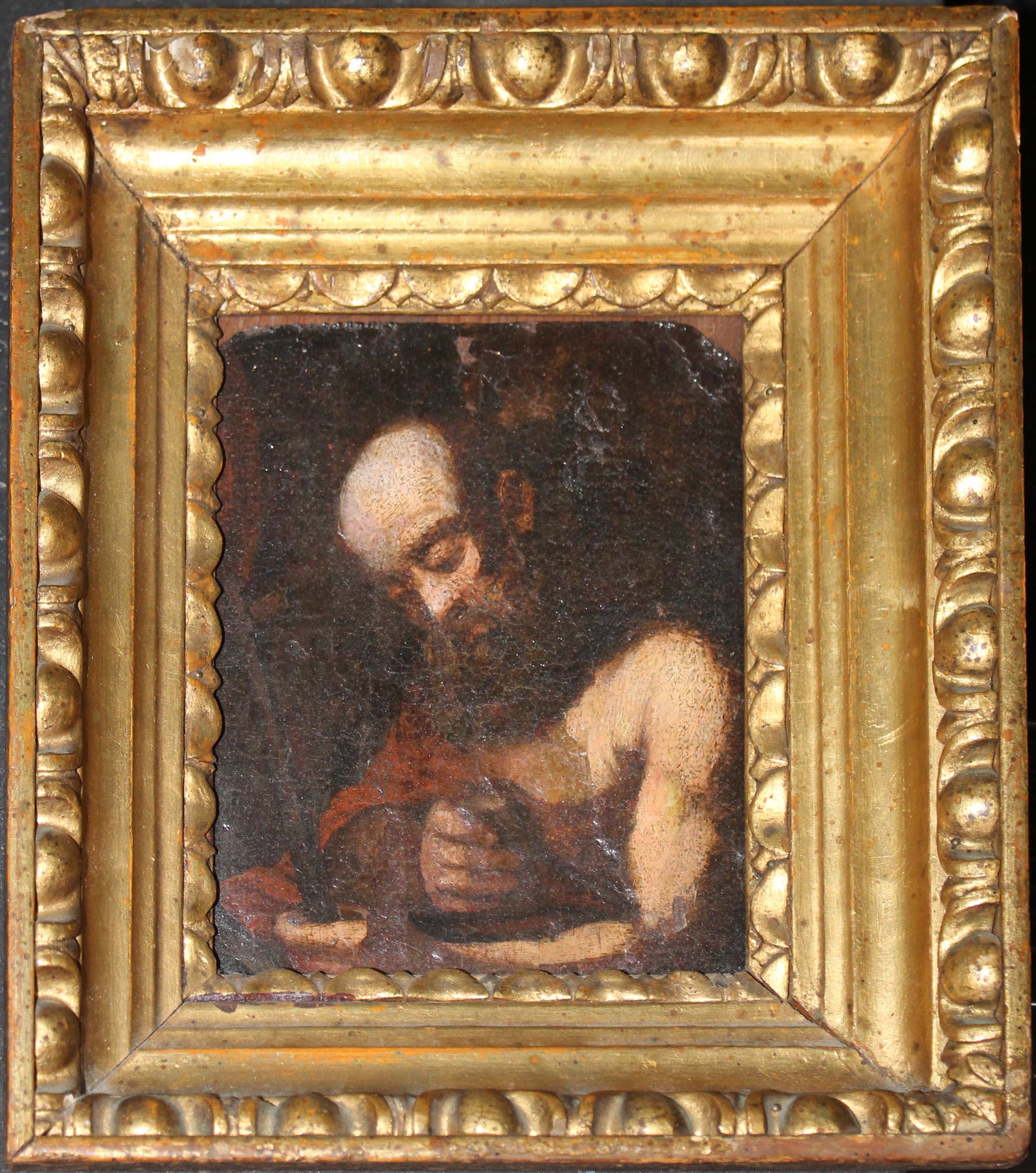 16th c Continental School head of a Saint: 16th c Continental School head of a Saint, oil on canvas 6 x 5"