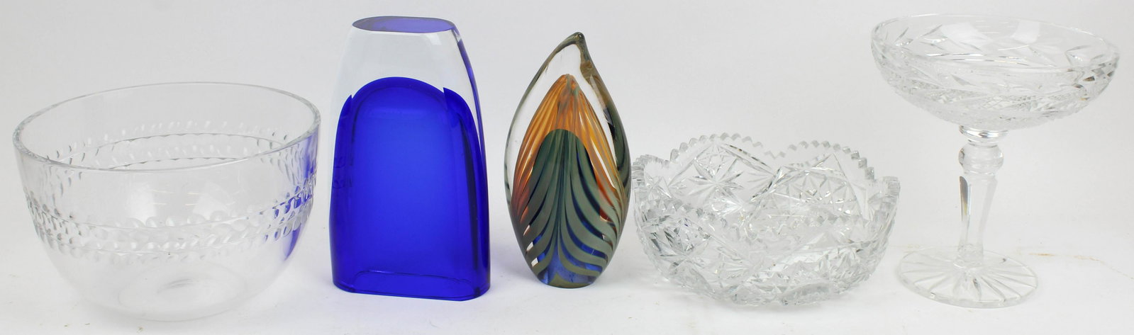 Waterford, Tiffany and Other Art Glass: Lot of 5 pieces of art glass tableware and sculpture including signed Waterford Glandore crystal tazza, signed Tiffany & Co. serving bowl, ABP American Brilliant Period cut glass serving bowl, cobalt 