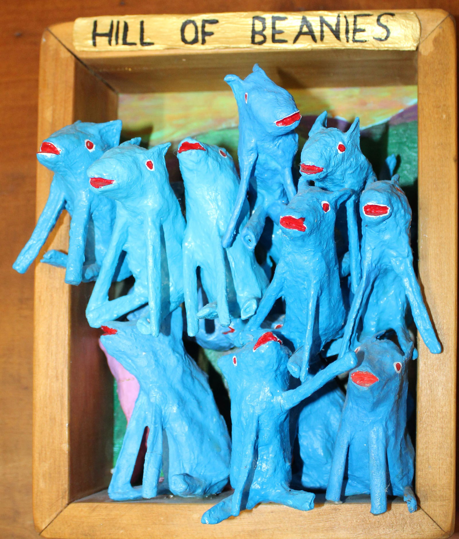 David Klein (VT 20th c) Hill of Beanies: David Klein (Vermont 20th c) Hill of Beanies paper mache and polychrome folk art/ Outsider art figures signed reverse East Calais VT. 8 x 10"