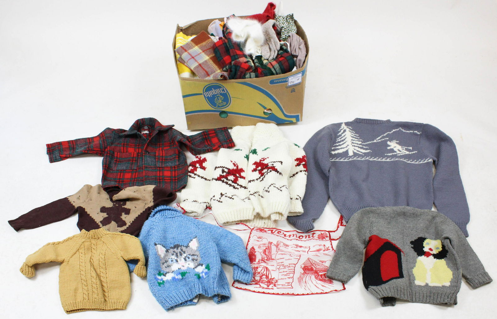 Lot of Vintage Wool and Knit Clothing: Lot of Vintage Wool and Knit clothing including Johnson Woolen Mills child's coat, 1950's Ski Sweaters, wool scarves, Vermont Souvenir nylon apron, etc.