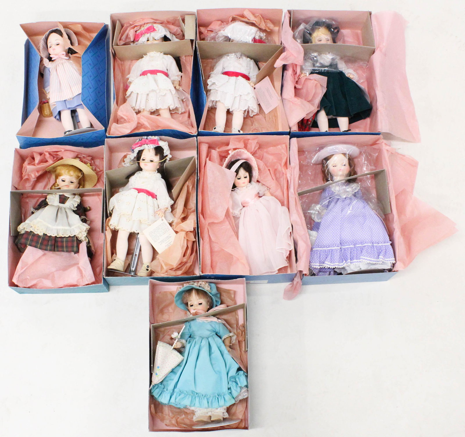 9 Madame Alexander Dolls: 9 Madame Alexander dolls in original boxes- Lucinda, Pinkie, Sargent, Lady Hamilton, Bellows Anne, Rebecca (2), Degas Girl (3), ht 13"