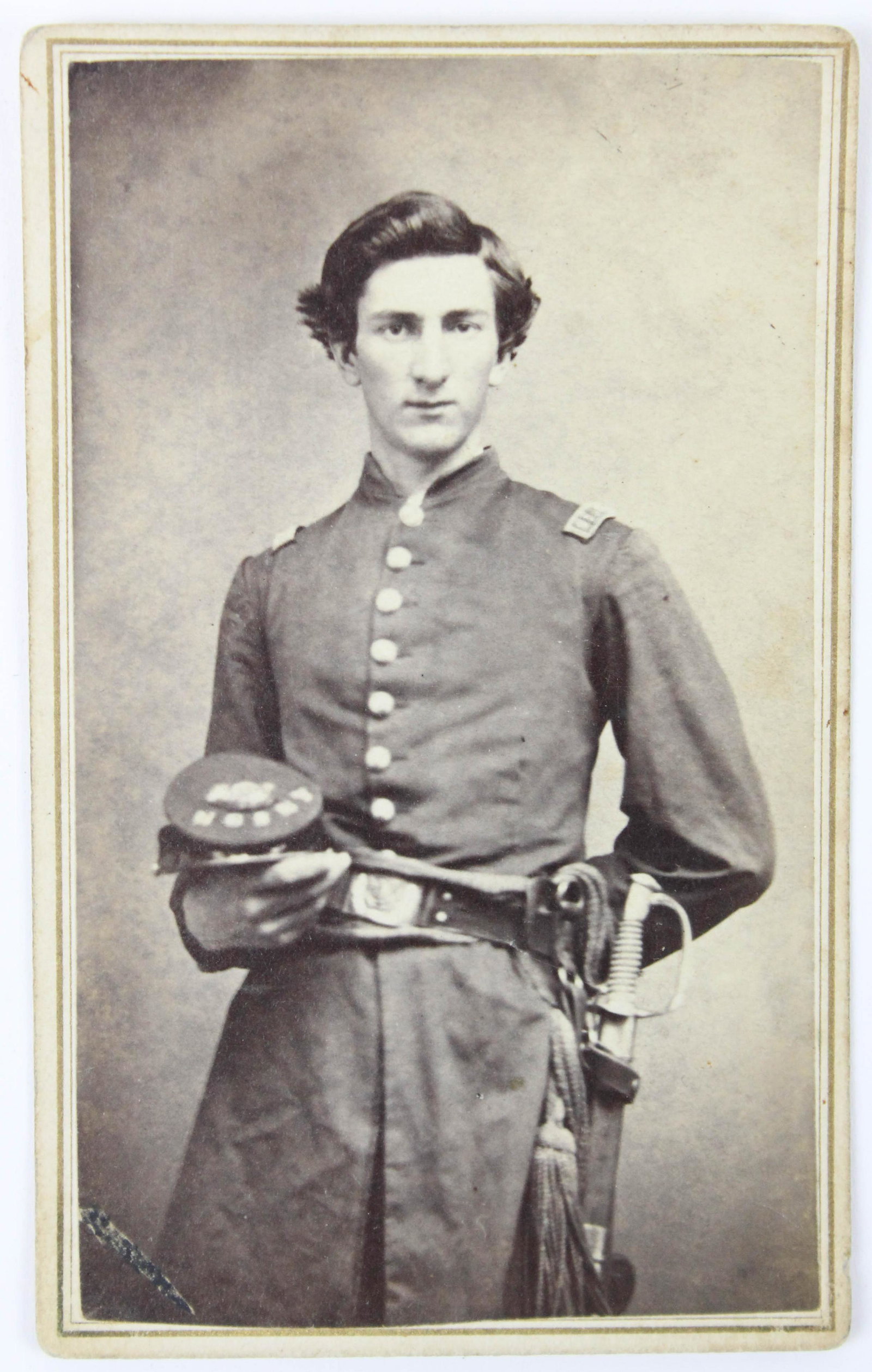 Civil War Capt. David B White 81st NY CDV: Civil War Era cdv of Captain David B White, Co. C, 81st NY State National Guard, NYSNG on kepi, H S Tousley, Keeseville, NY photographer, pencil note on back to Mrs R Bromley, possibly Capt David B Wh