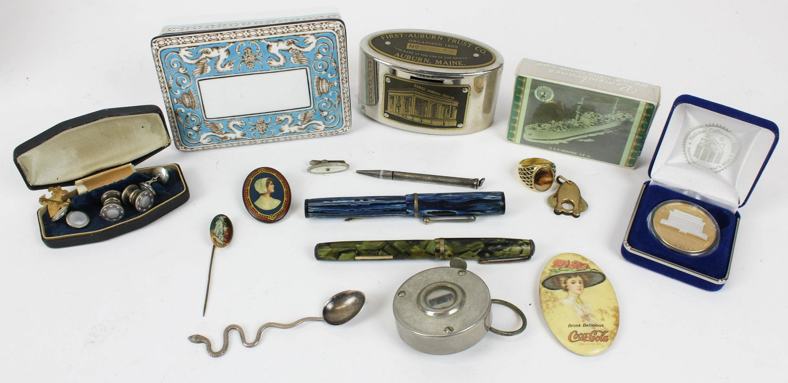 Men's jewelry & accessories: A group of men's jewelry including a button set, cigar cutter, a coca cola pocket advertising mirror, fountain pens, men's ring with agate oval panel, and more.