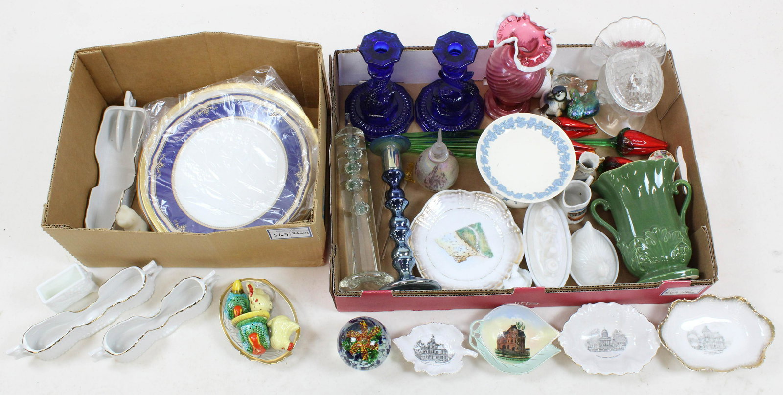 Lot of Glass and Porcelain incl. Steuben, Wedgwood: Lot of assorted art glass and porcelain including Steuben glass hen, Wedgwood Queensware tazza, Redwing pottery vase, pair of 20th c. cobalt dolphin candlesticks, Murano glass tulips, art glass paperw