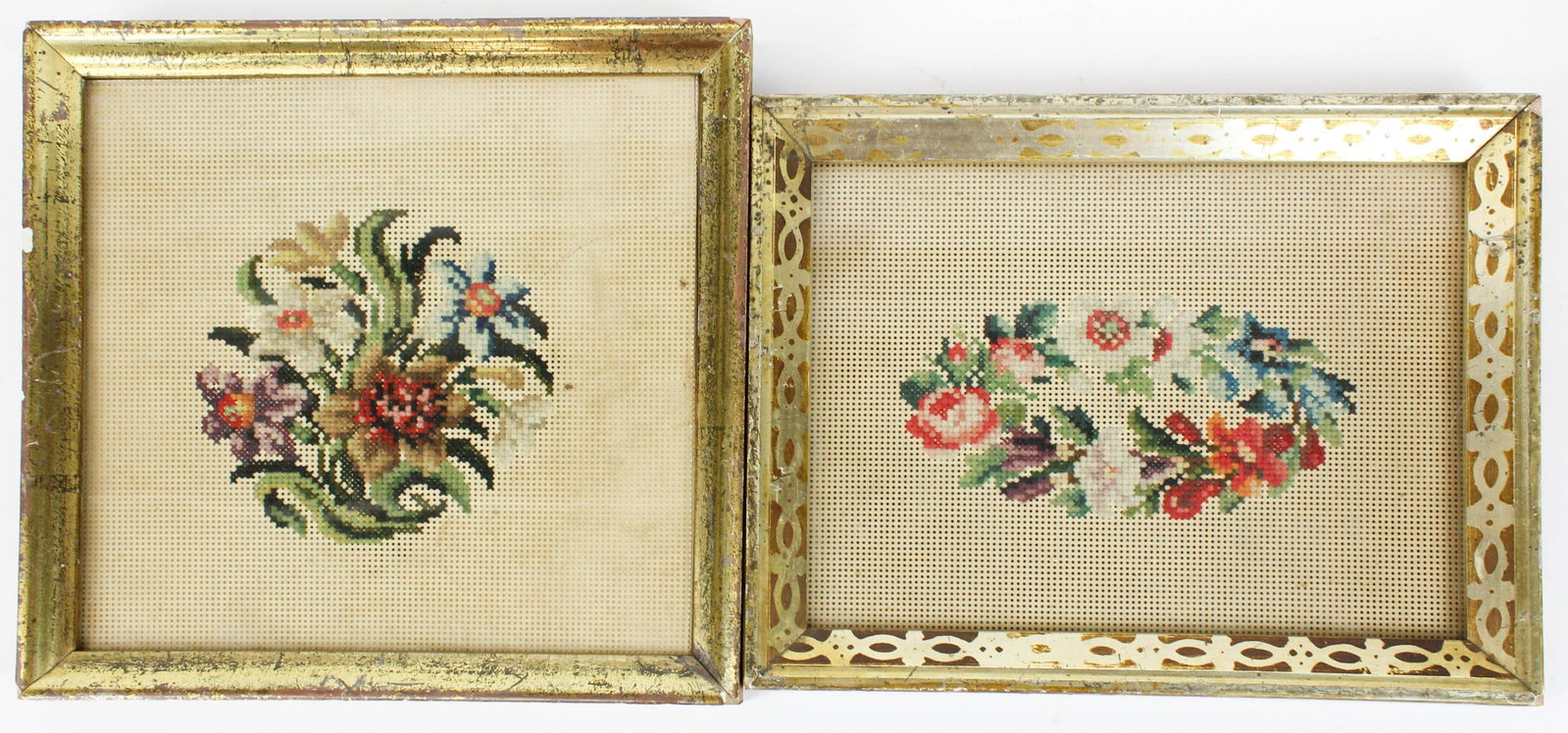 Two Floral Needlepoint Theorems in Gilt Frames: Two 19th c. Floral Needlepoint Theorems in period lemon gilt frames 8.5" x 8", 7" x 9"