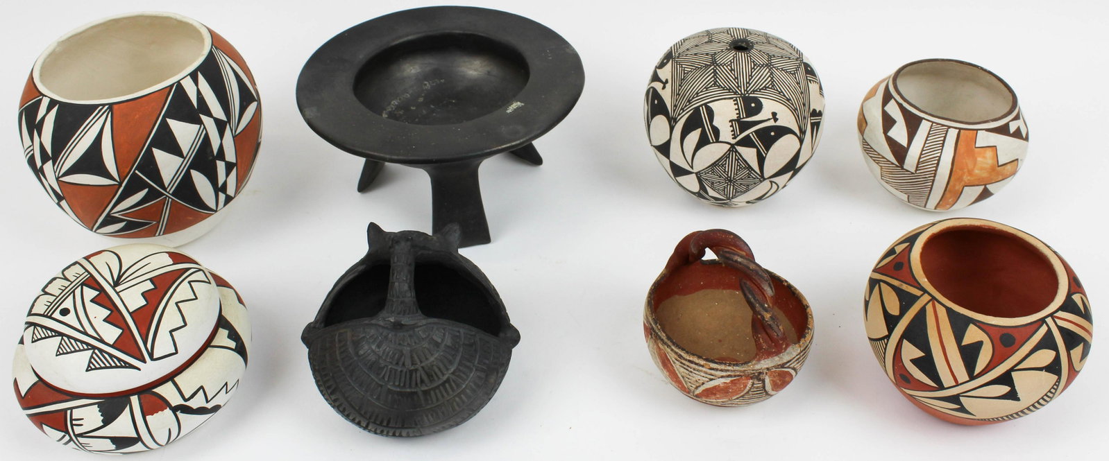 Southwestern Pottery Including Acoma: Southwestern pottery (8 pcs), including Acoma, Hopi, Mexican, seed pot signed E P Routzen, covered jar signed E Tafoya, etc