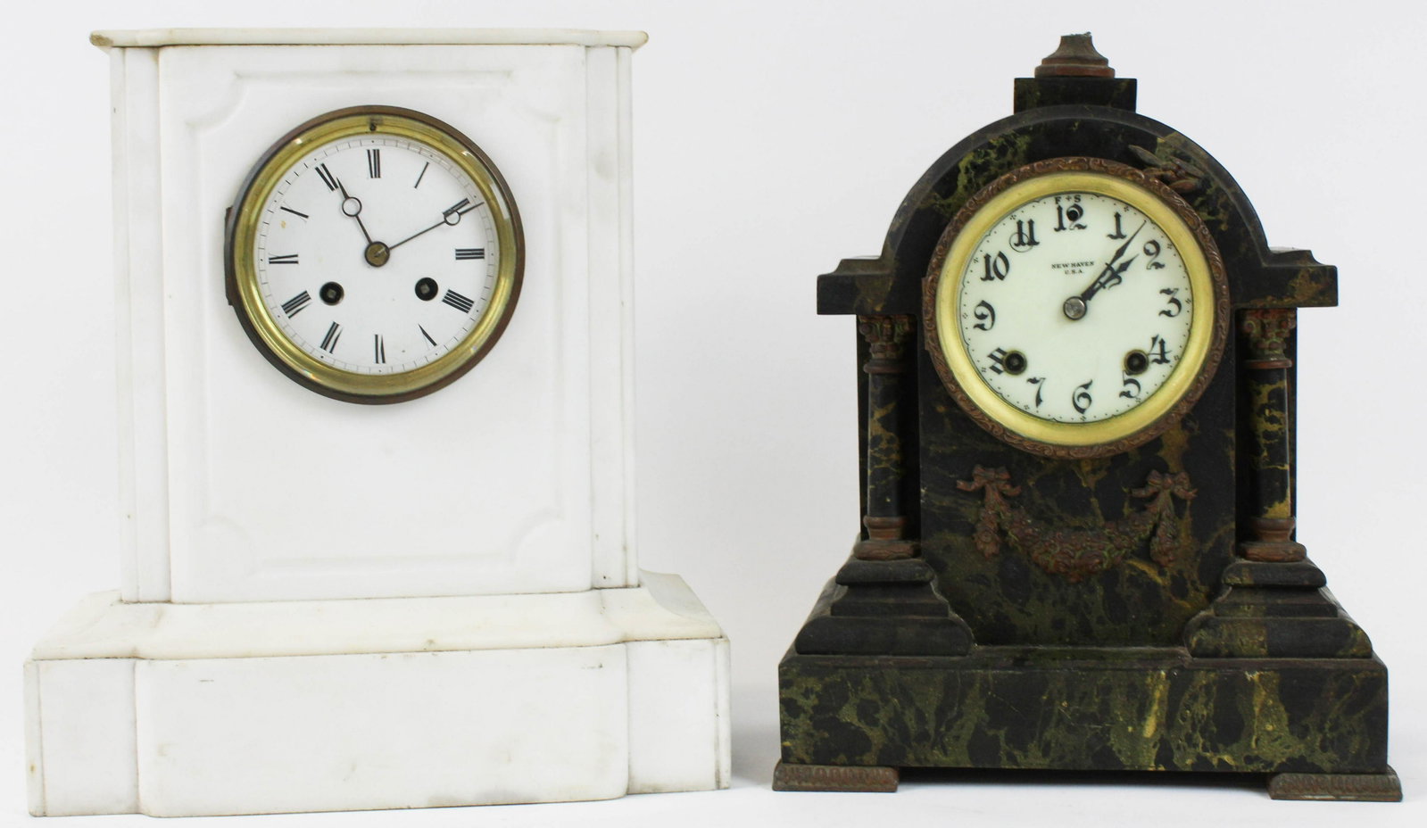 New Haven, French Mantle Clocks: New Haven cast iron faux green marble finish mantle clock, French white marble mantle clock with 1858 Medaille du Honeur works, hts 11", 12" (all clocks sold as is, not tested) New haven clock missing