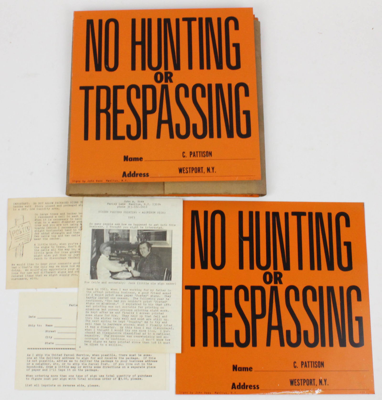 Vintage Westport, NY No Trespassing Signs: Vintage Westport, NY "No Hunting or Trespassing" tin litho signs (25 pcs), NOS new old stock in original packaging- John Voss, Manlius, NY signmaker, 11 1/4" x 11 1/4"