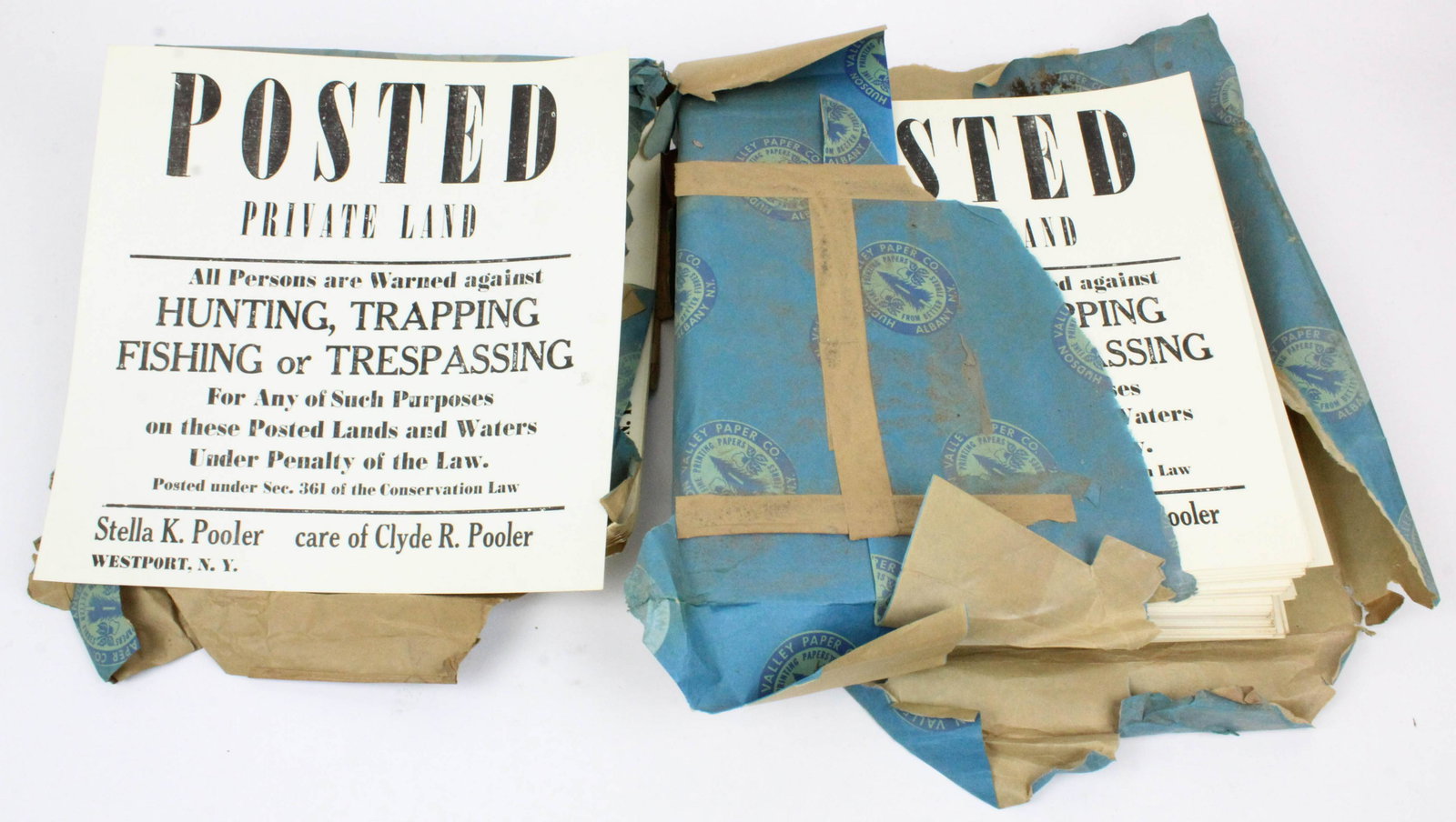 Vintage Westport, NY No Trespassing Signs: Vintage Westport, NY No Trespassing signs (about 220 pcs), "Posted Private Land", All persons are warned against Hunting, Trapping, Fishing, or Trespassing", thick paper stock,