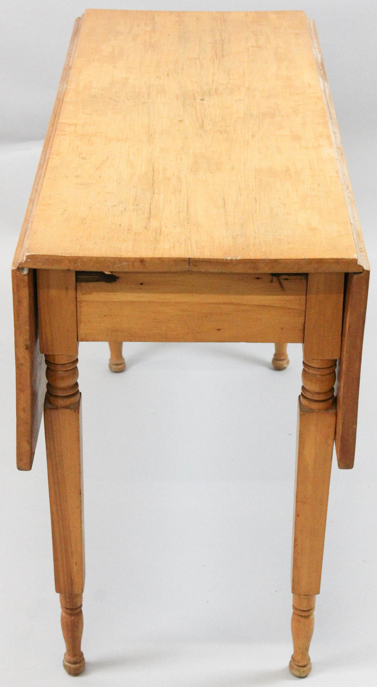 Sheraton cherry drop leaf table: Northern New York or Vermont Sheraton cherry block and turned refinished drop leaf table. 42" long.
