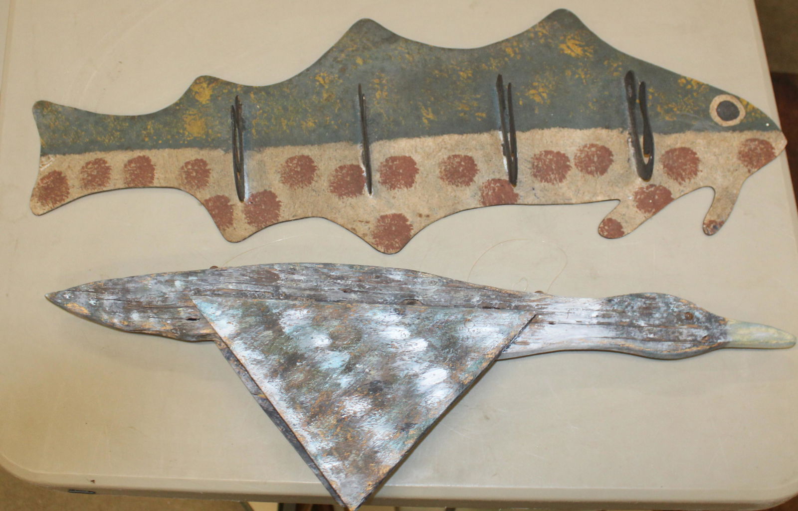 Cut metal Fish Coat Rack, Wooden Confidence Decoy: Cut metal fish coat rack 31" , wooden flying duck decoy 25" long