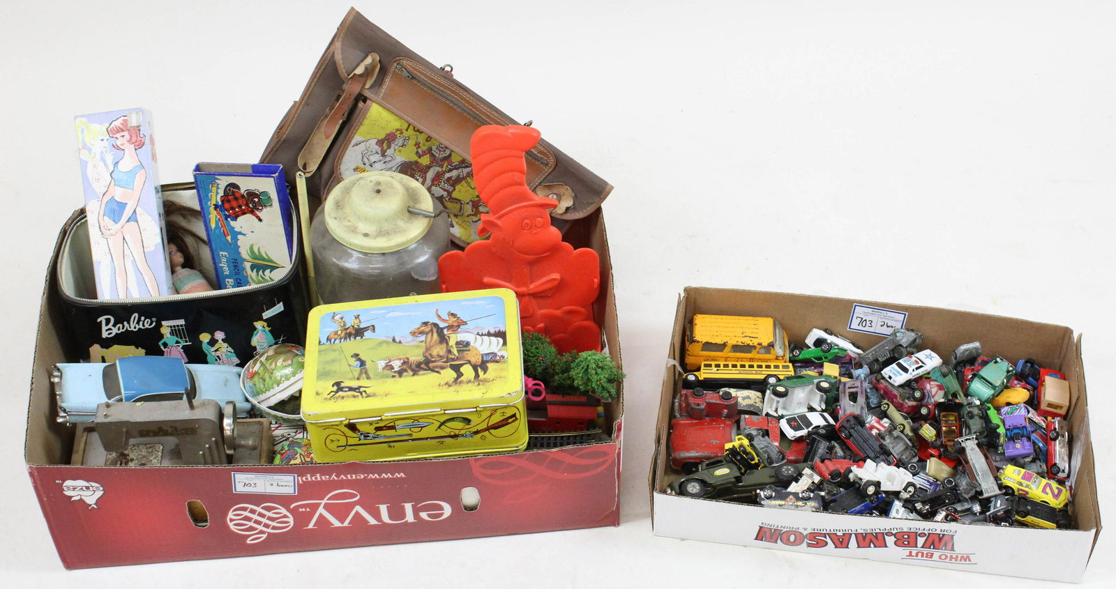 Vintage Toys, Dolls, Cars, Lunch Box: vintage toys, dolls, cars, lunch box, 1950's Cat in the Hat hard plastic book rack (Midge doll's face has been damaged)