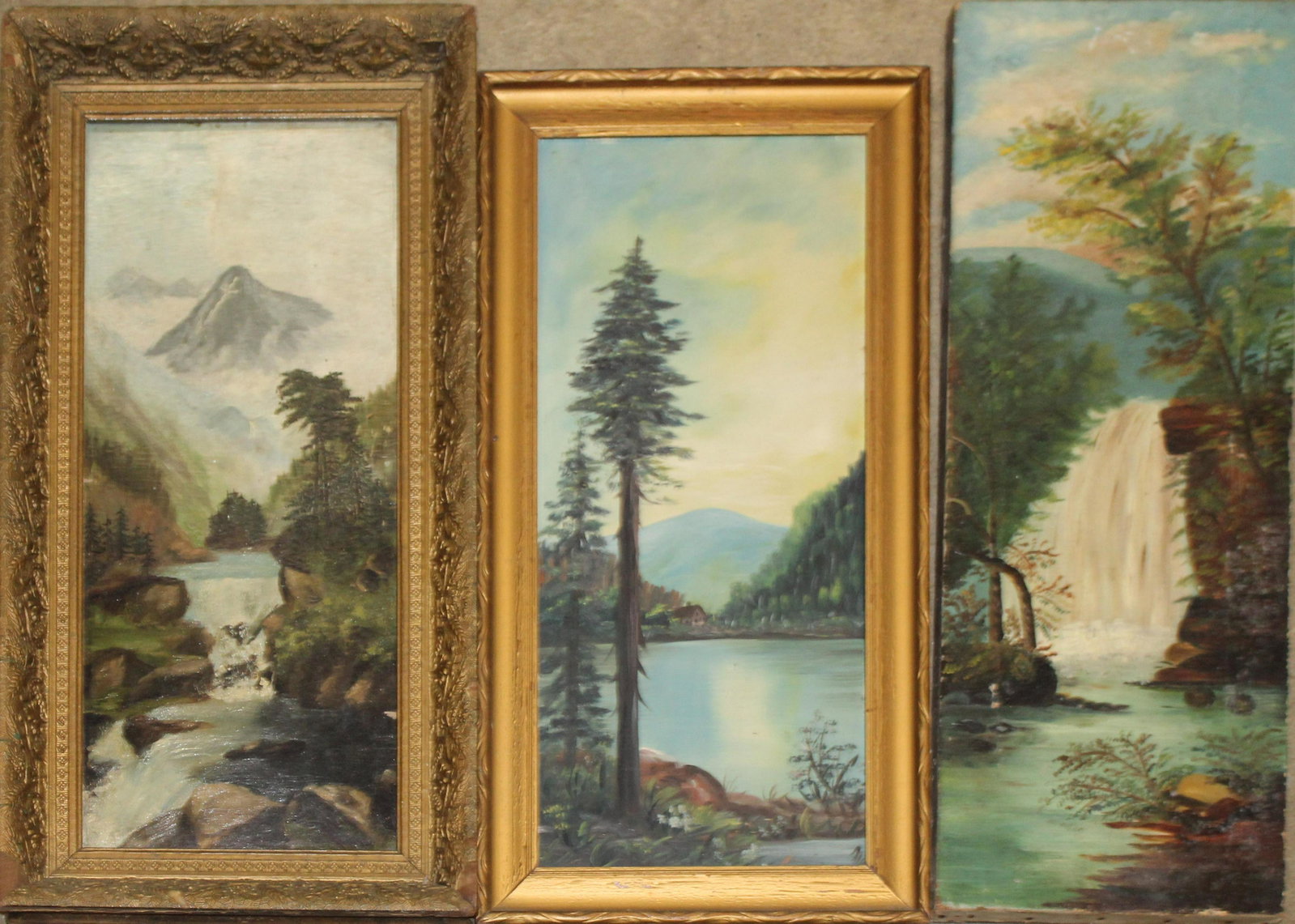 Three vertical Hudson River School Paintings: Three Vertical Hudson River School Paintings. 19 x 8"