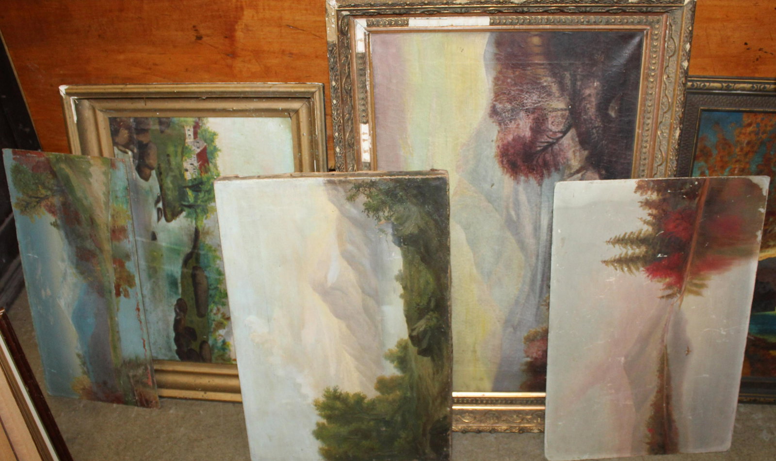 Six Hudson River School paintings: Six Hudson River School Paintings 24 x 15" to 9 x 15" and several 19th c prints, a small 19th c town scene pencil drawing, and a billion mark note.