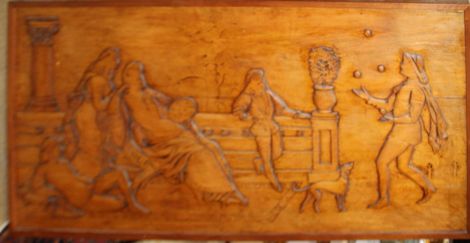 early 20th c carved wooden relief with romantic scene: Early 20th c carved wooden relief with romantic scene 24 x 34"