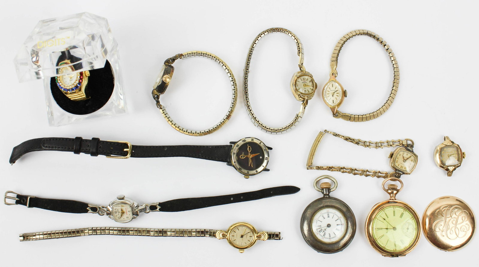 Group of vintage watches: A group of vintage watches including ladies coin silver Elgin with gold bird, several vintage wrist including Bulova, ladies Waltham gold pocket and more.