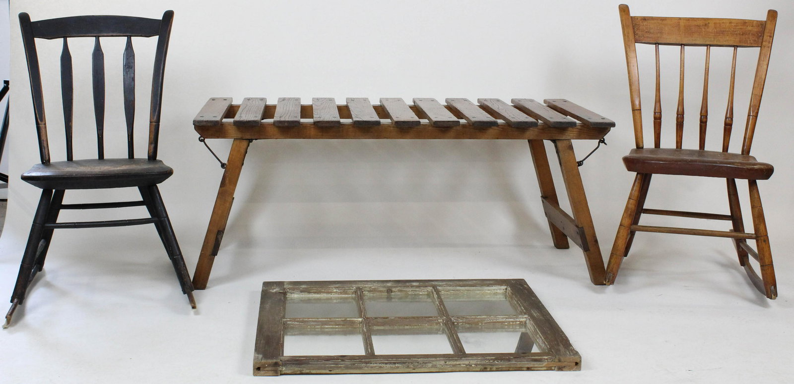 Two Windsor Rockers, Wash Tub Rack, Mirror: Lot of small country furniture including two Rabbit Ear Windsor rockers, refinished folding wash tub stand, and 6 pane window frame mirror