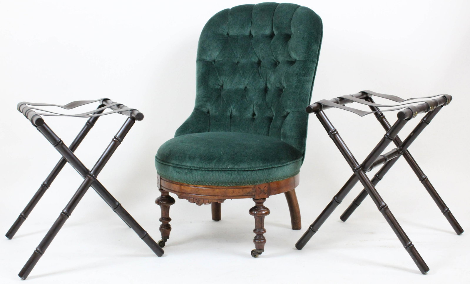 Victorian Tufted Slipper Chair and 2 Luggage Racks: Victorian Tufted Slipper Chair in emerald green velvet upholstery, and 2 bamboo turned luggage racks