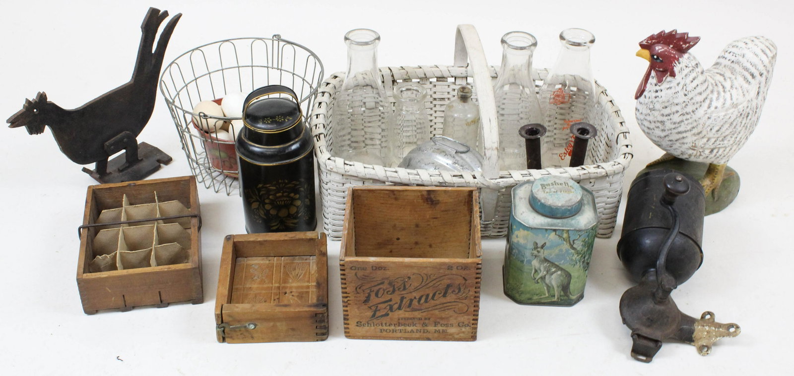 Lot of Country Kitchen Collectibles and Decor: Lot of Country Kitchen Collectibles and DÃ©cor including iron wall mounted coffee grinder, splint gathering basket in white paint, Vermont milk bottles, butter mold, egg box, hog scraper candlestick