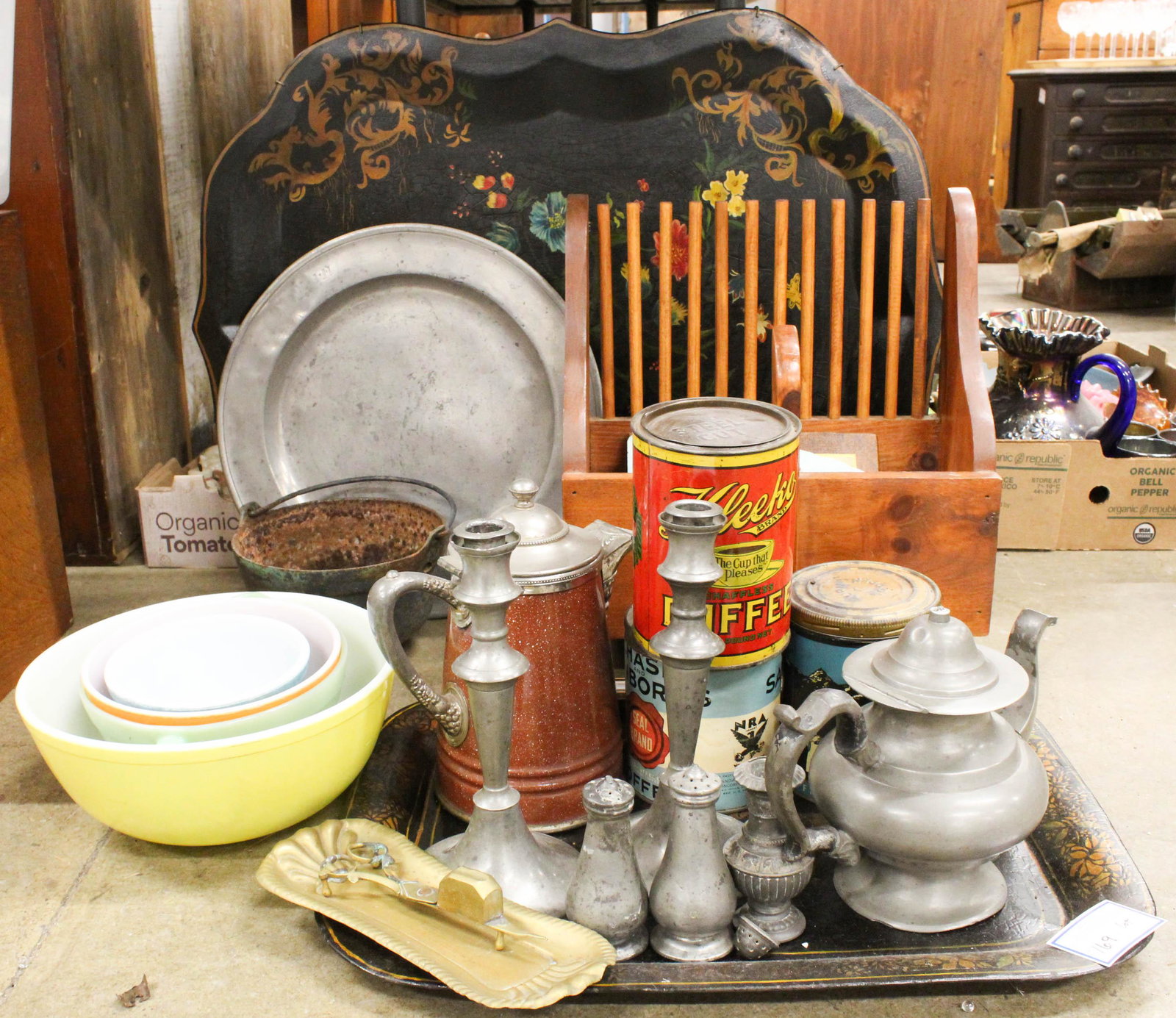 Lot of Country Smalls Incl. Tins, Pewter, Toleware: Lot of Country Smalls Including coffee advertising tins, London pewter charger, teapot, 2 toleware trays, Pyrex primary colors mixing bowls, Jadeite batter pitcher, brass candlesnuffers