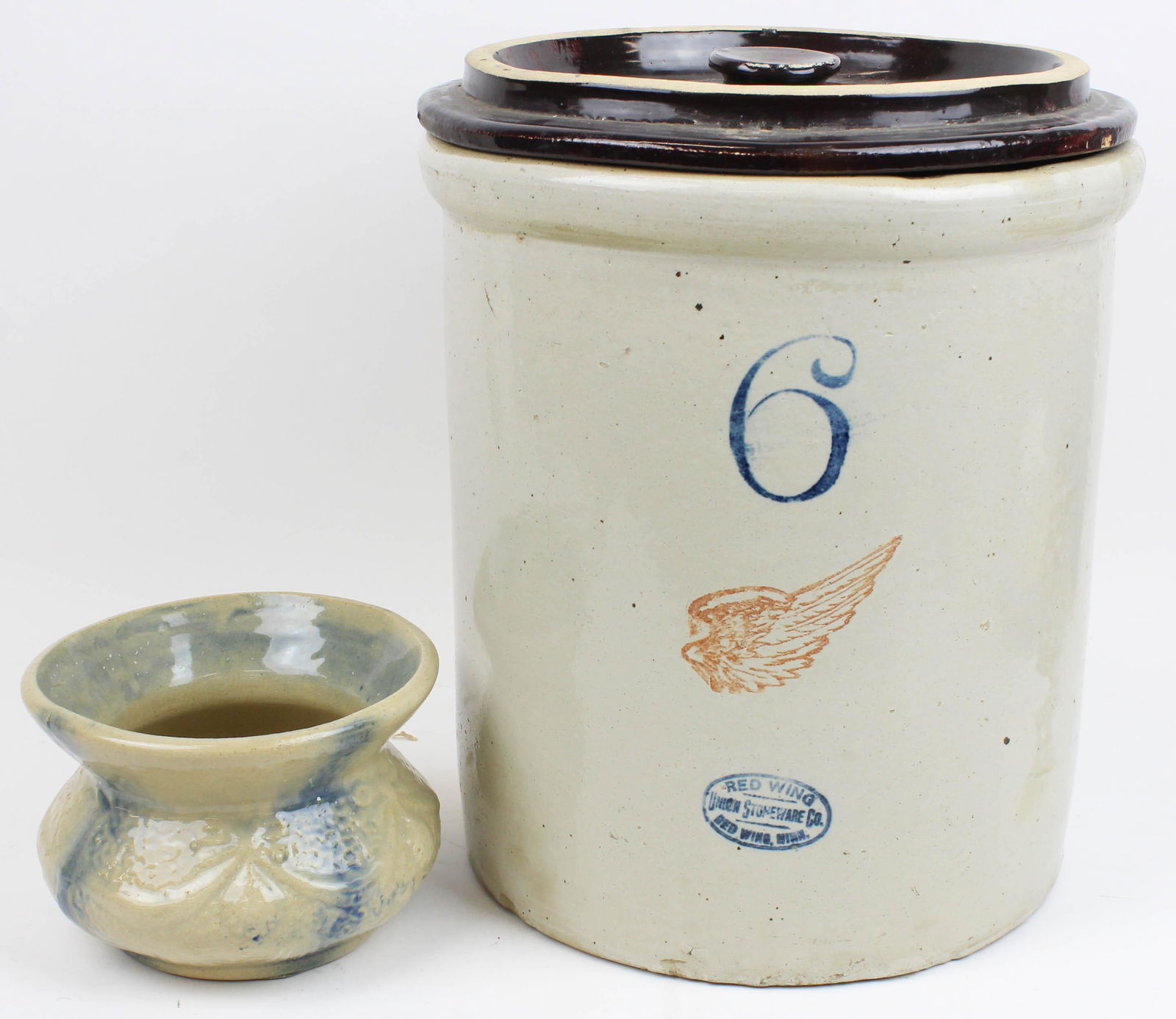 6 gallon Redwing Crock- Salt glaze cuspidor: 6 gallon Redwing Crock and 19th c salt glaze cuspidor