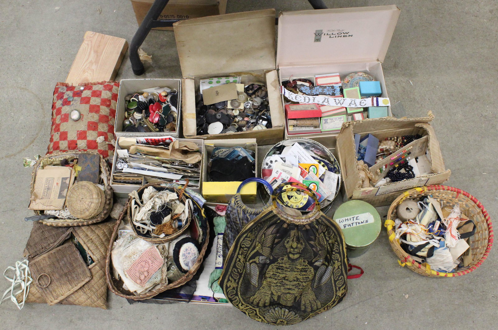 Collection of Buttons, Buckles, Sewing items: Collection of Buttons, Buckles, and vintage sewing items including 1920's brocade Egyptian Revival work bag with sphynx, Czech glass beads and beadwork, lace, etc.