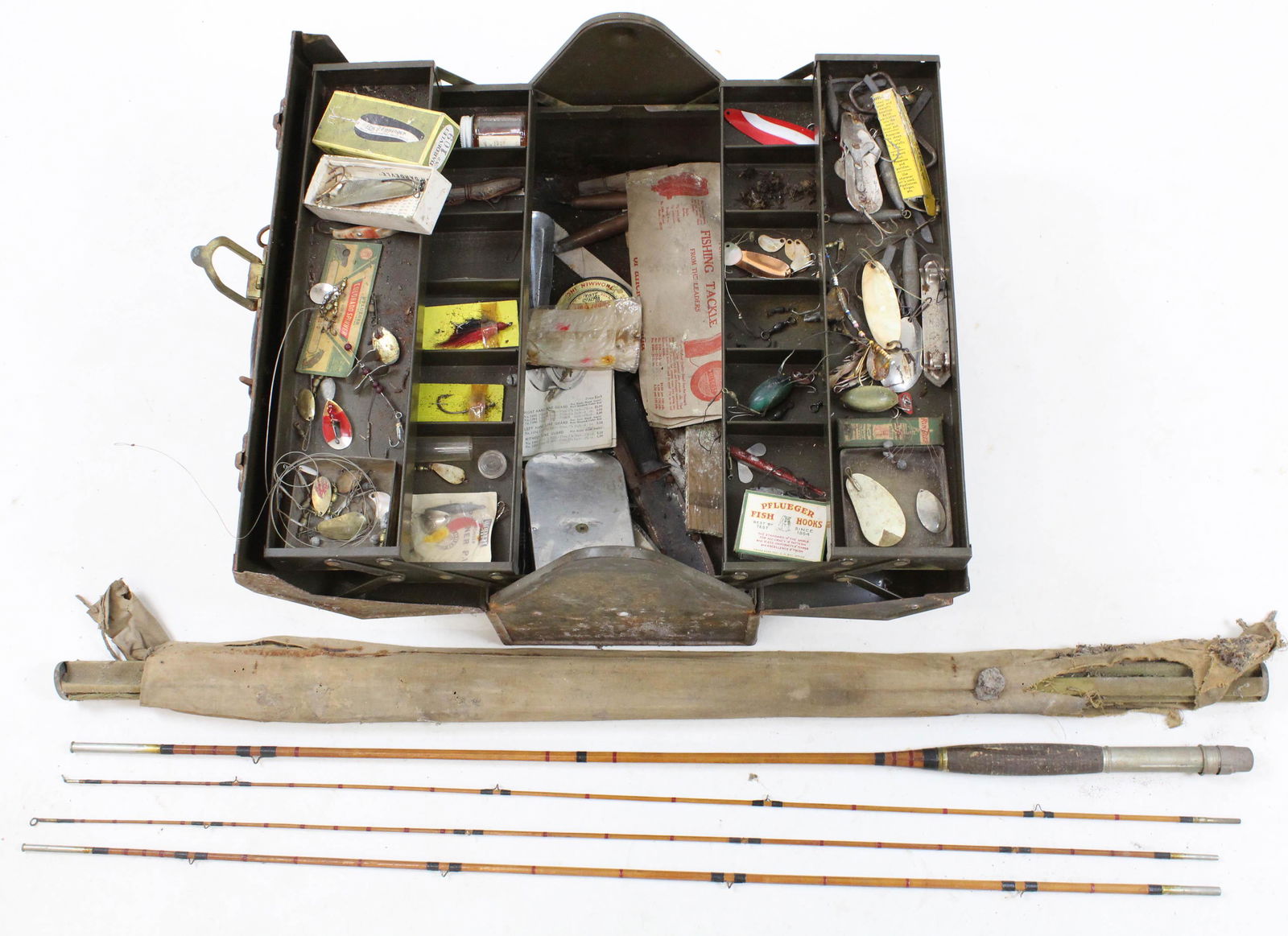 Vintage Fishing Tackle Box, Bamboo Fly Rod: vintage fishing tackle box with Buell, Whitehall lures, unsigned vintage bamboo fly rod with extra tip