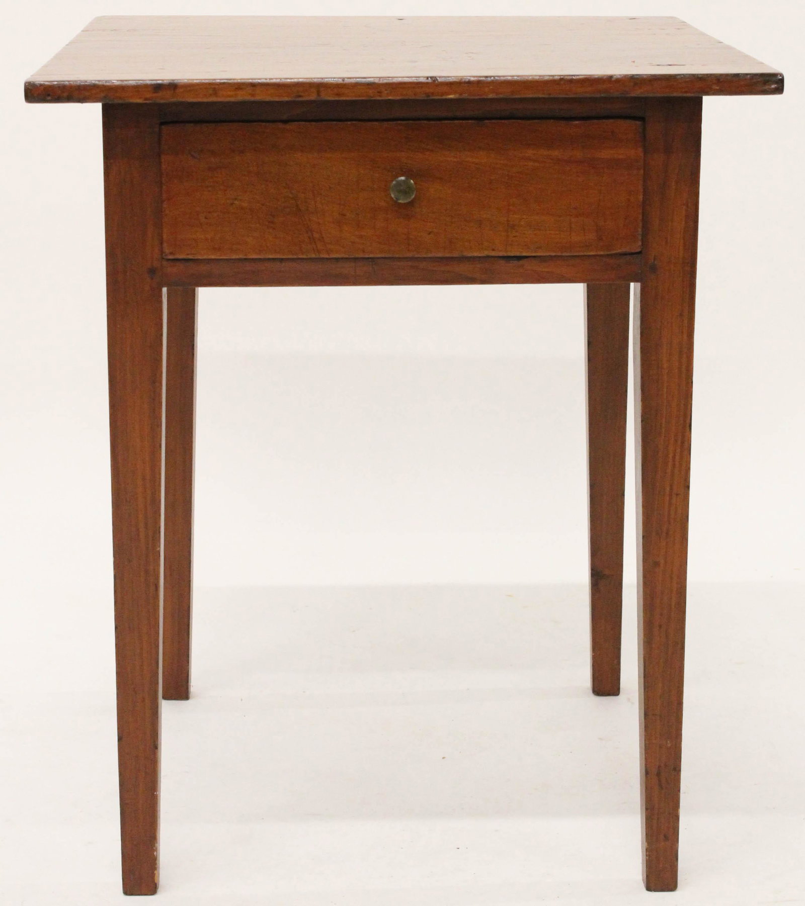 19th c. Hepplewhite Pine 1 Dwr Taper Leg Stand: 19th c. Hepplewhite refinished pine one drawer taper leg stand -legs shortened 22.5" x 18.5" x 18.5"