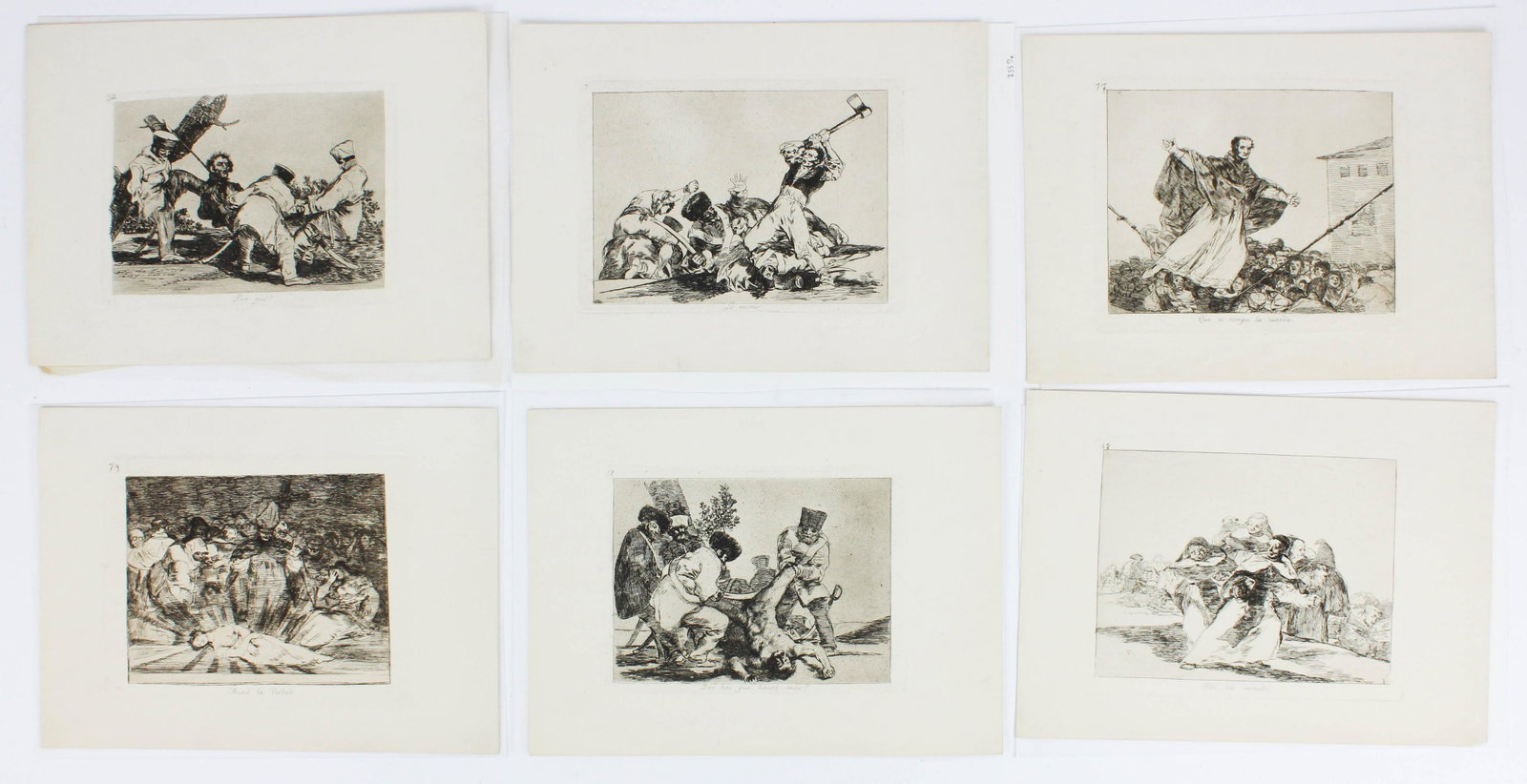 6 Francisco de Goya (Spain 1746-1828) etchings: A group of 6 etchings by Francisco Jose De Goya Y Lucientes (Spanish, 1746-1828), "Por que?" #52, " Lo Mismo" #3, "Que se rompe la cuerda" #77, "Fofo va revuelto" # 48, "Que Hai que hacer mas?" #33, "