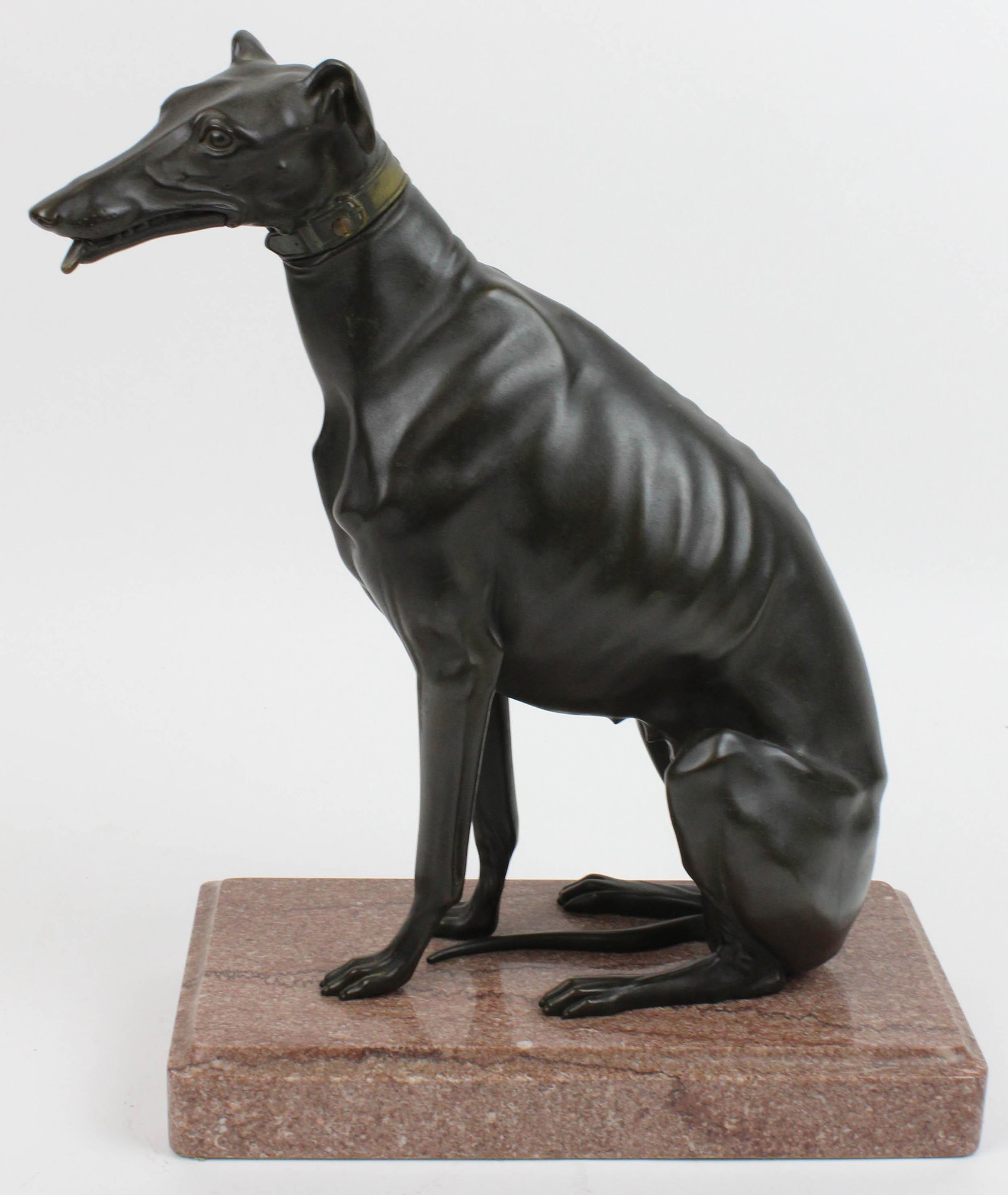 19th c French Bronze Sculpture of a Greyhound: 19th c French bronze sculpture of a greyhound, mouth hinged, probably a pen holder, signed on collar "J'appartiens a M Lehon Not" ("I belong to M Lehon Not"), possibly by or after Thomas Gechter (Fren