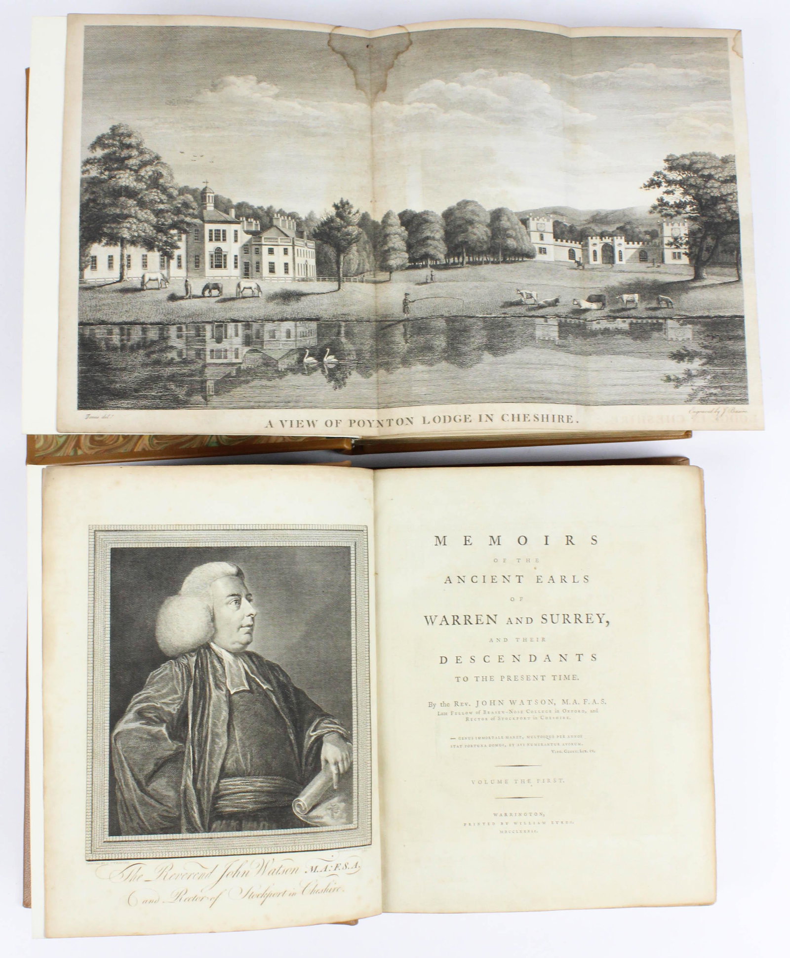 1782 Watson Memoirs of the Ancient Earls: 1782 John Watson Memoirs of the Ancient Earls of Warren & Surrey (2 vols), re-bound in full calf red leather, fold out charts & engravings