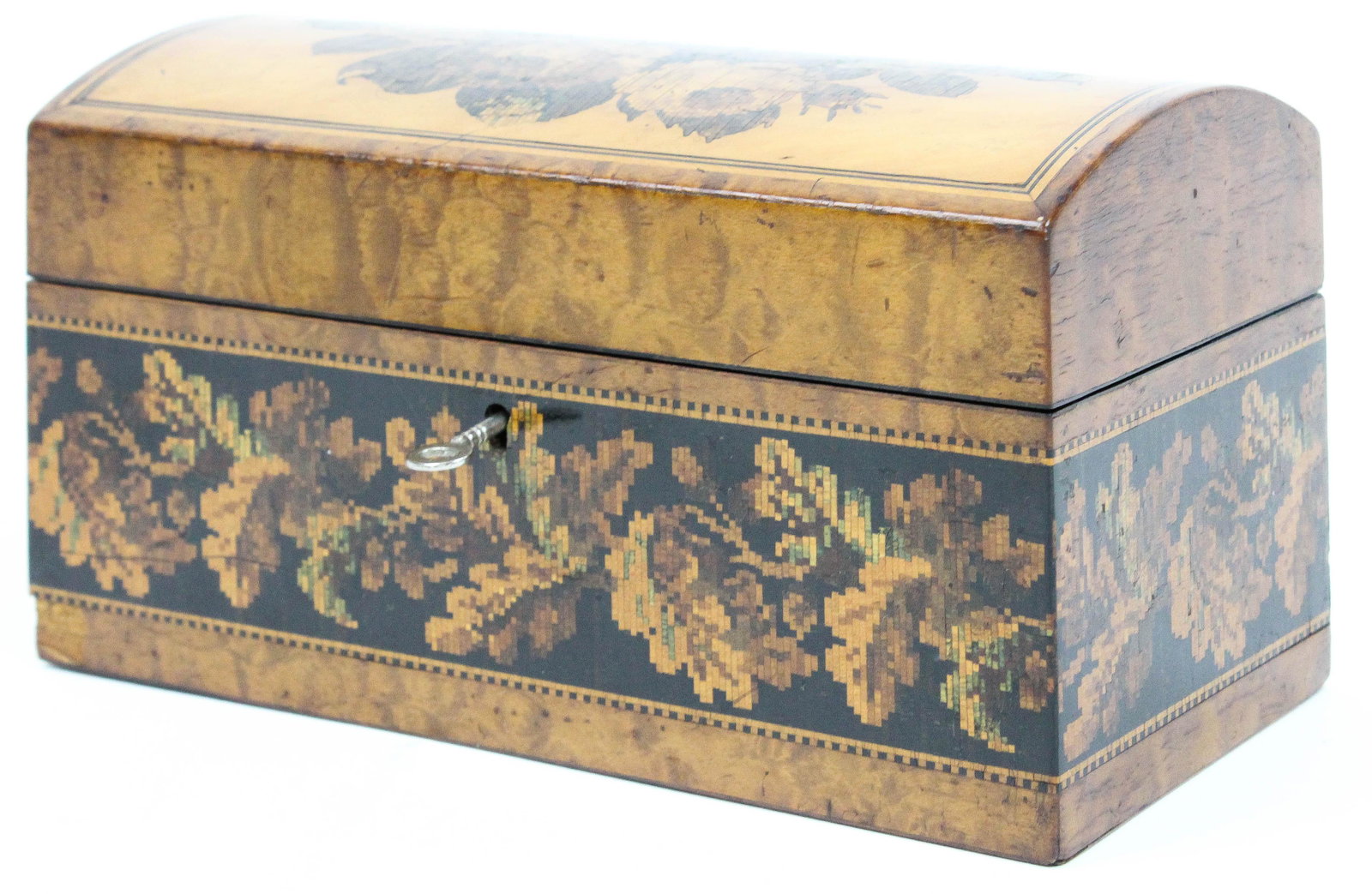 19th c Labeled English Tunbridge Ware Box: 19th c English Tunbridge Ware box, labeled T Bartoin, late Nye Manufacturer Mount Ephraim & Parade, Tunbridge Wells, fruitwood & thumbnail maple, micromosaic wooden inlay, floral design, wallpapered i