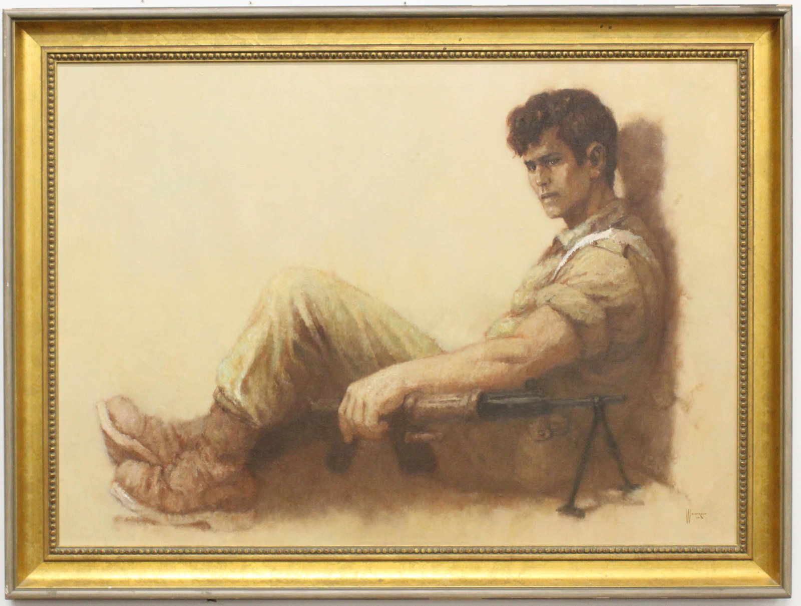 William Weintraub (Born 1926) oil on canvas: William (Sunny) Weintraub (Born 1926) Israel. Oil on canvas signed and dated 1968 depicting a young Israeli soldier in the 6 day war. 39" x 28"