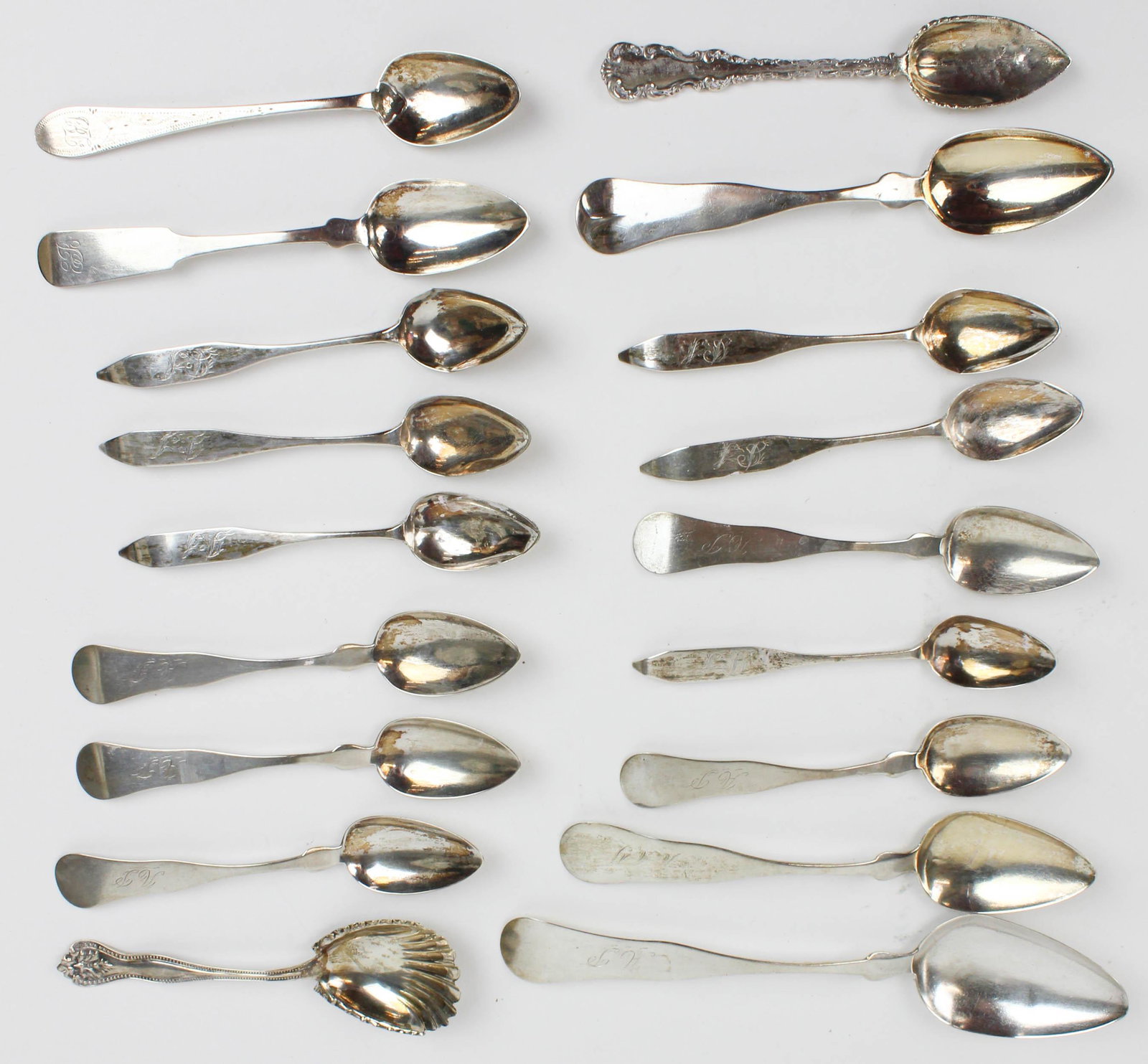 Group of Sterling and Coin Silver Spoons: Group of Sterling and Coin Silver Spoons including H.H. Ladd Manchester, NH coin silver spoon, Dunlap & Parker Manchester, NH coin silver spoon, 5 L. Phelps coin silver spoons, 5 early lapped coin tea