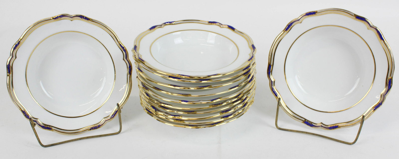 12 Copeland Spode Porcelain Soup Bowls: 12 Copeland Spode Porcelain Soup Bowls with gilt scalloped rims having cobalt blue accents 1.5" x 7.75"