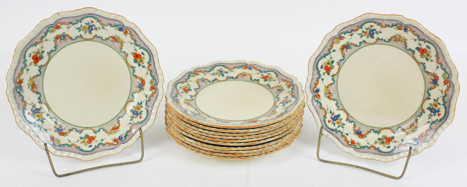 12 Mason's Ironstone Polychrome Plates: 12 Mason's Ironstone Porcelain Luncheon plates with polychrome enamel floral transfer decoration and gadrooned rim 8.75" dia