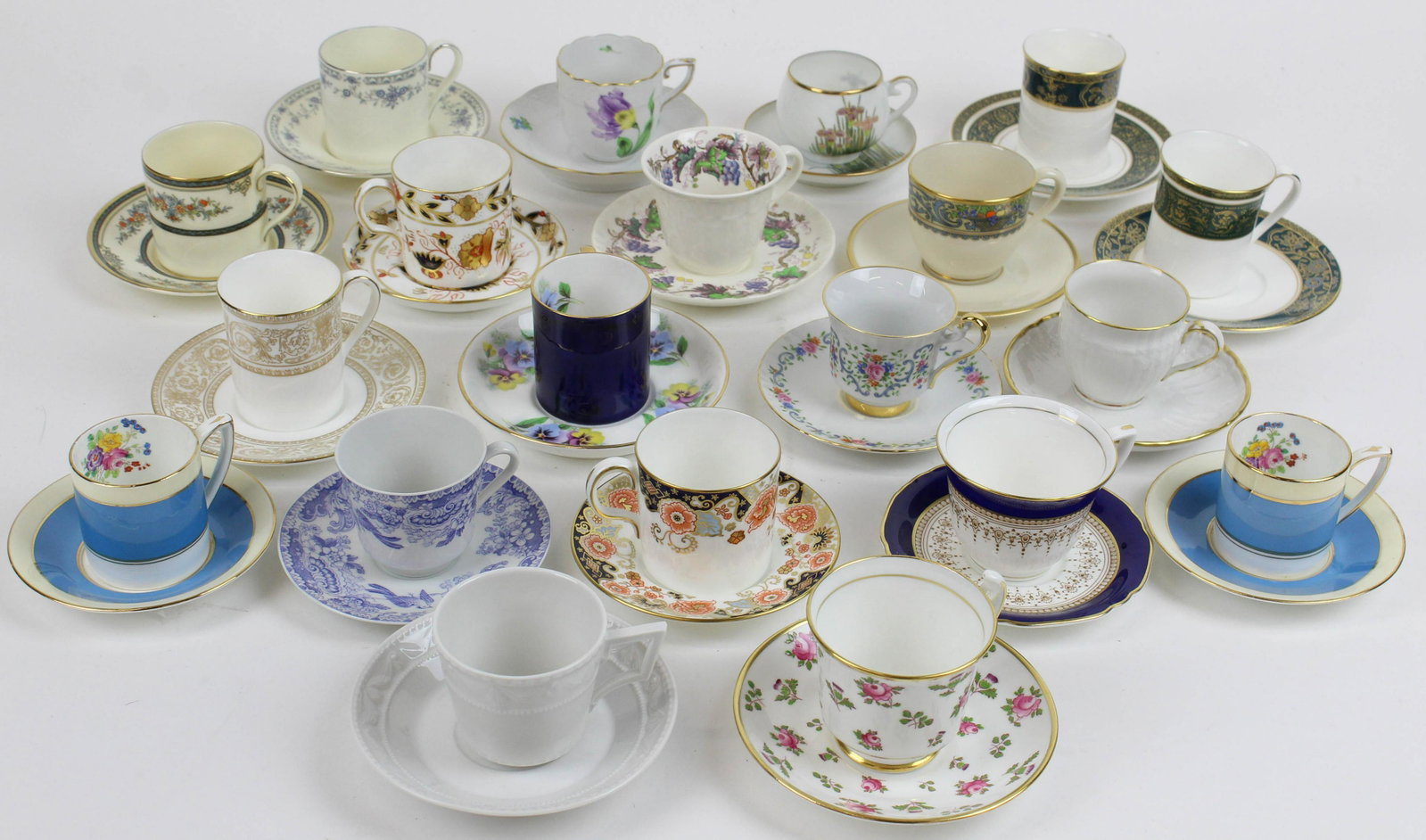 Collection of 20 Demitasse Cups and Saucers: Collection of 20 Fine Porcelain Demitasse Cups and Saucers, many by top English makers to include Royal Crown Derby, Royal Worcester, Royal Doulton, Royal Chelsea, Royal Grafton, Minton, Wedgewood, as
