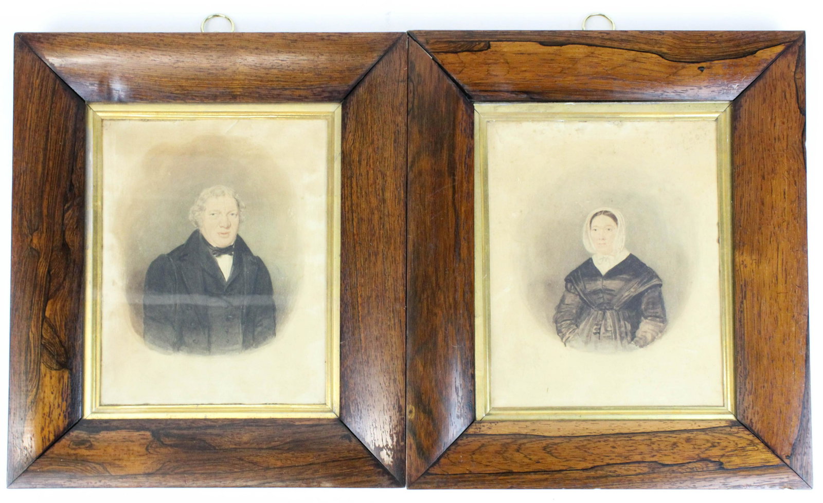 Pair of 1840's Watercolor Portraits: Pair of ca 1840's watercolor portraits of James Burns (1790-1853) & Alison (Hair) Burns (1792-1858) w/ notes on reverse, Alison was the mother of twins Ann & Mary, watercolor on paper, image size 11" 