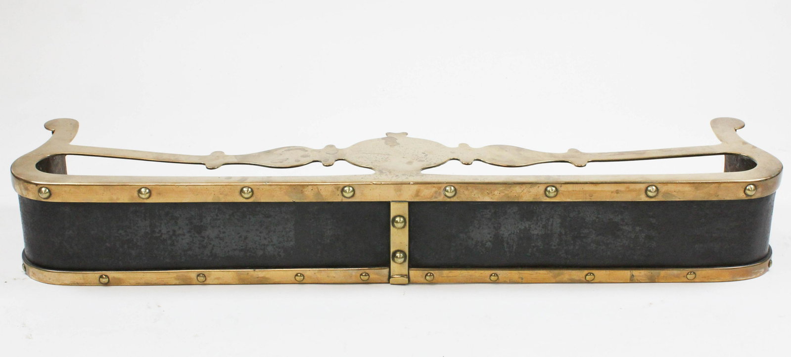 19th c Brass & Sheet Iron Fireplace Fender: 19th c brass & sheet iron fireplace fender, riveted construction, 47 1/2"
