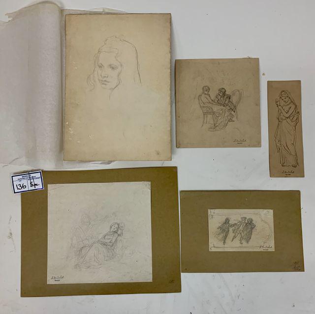 Albert Hendschel (1834 - 1883) 5 drawings: Albert Hendschel (German 1834 - 1883) A group 5 drawing on paper. 4 with stamp signature. From 3" x 8" to 13" x 9". Graphite on paper.