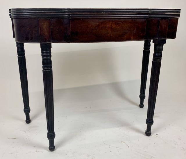 Mass Sheraton mahogany card table: MA or Boston area Sheraton mahogany block front card table. Reeded turned legs. Old surface. 36" wide. 30" h.