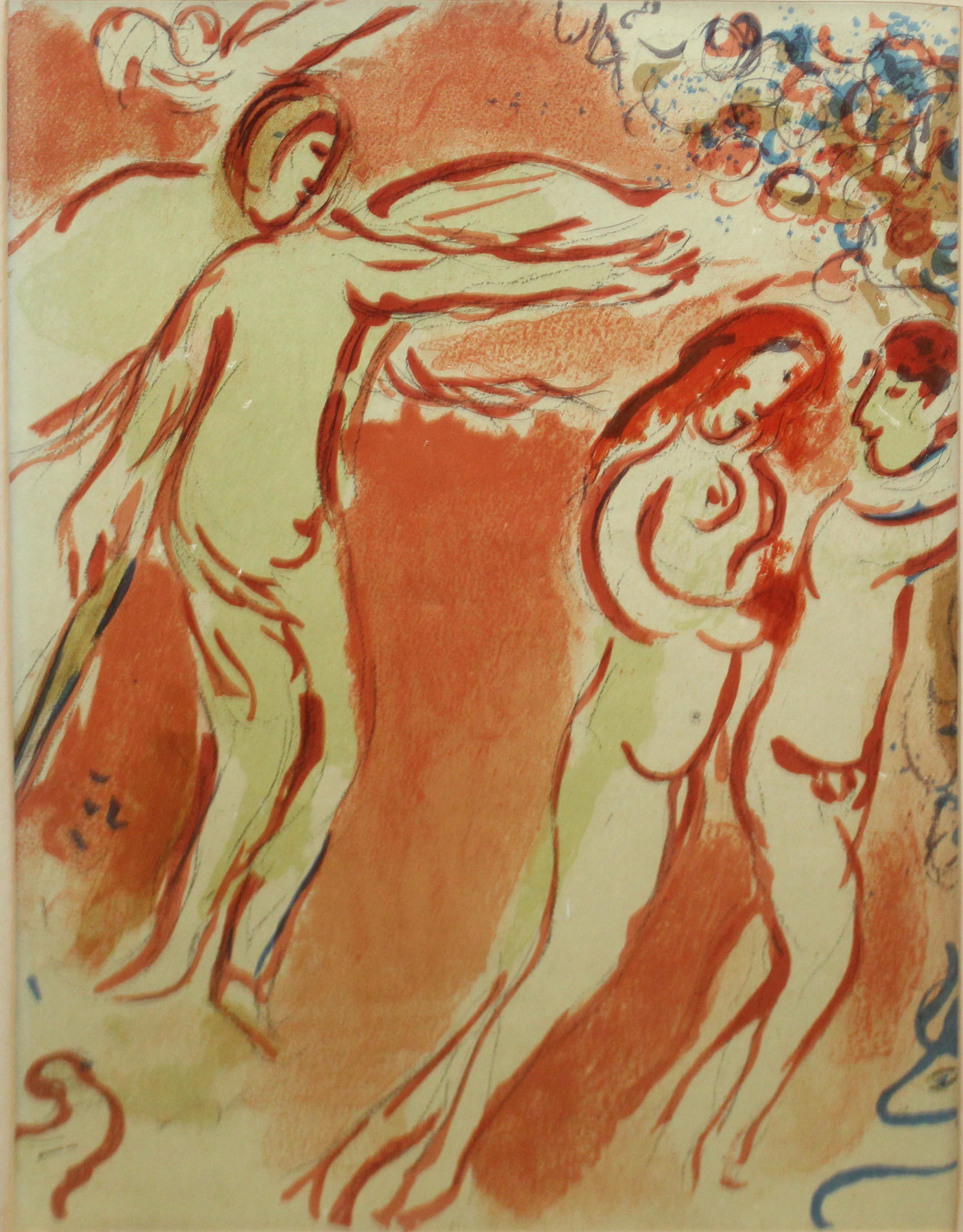 Chagall lithograph Adam & Eve: 1960 Marc Chagall (Russian 1887-1985) lithograph "Adam & Eve Banished from the Garden of Eden", framed & matted, sight 13 1/2" x 10", several small dents & tears.