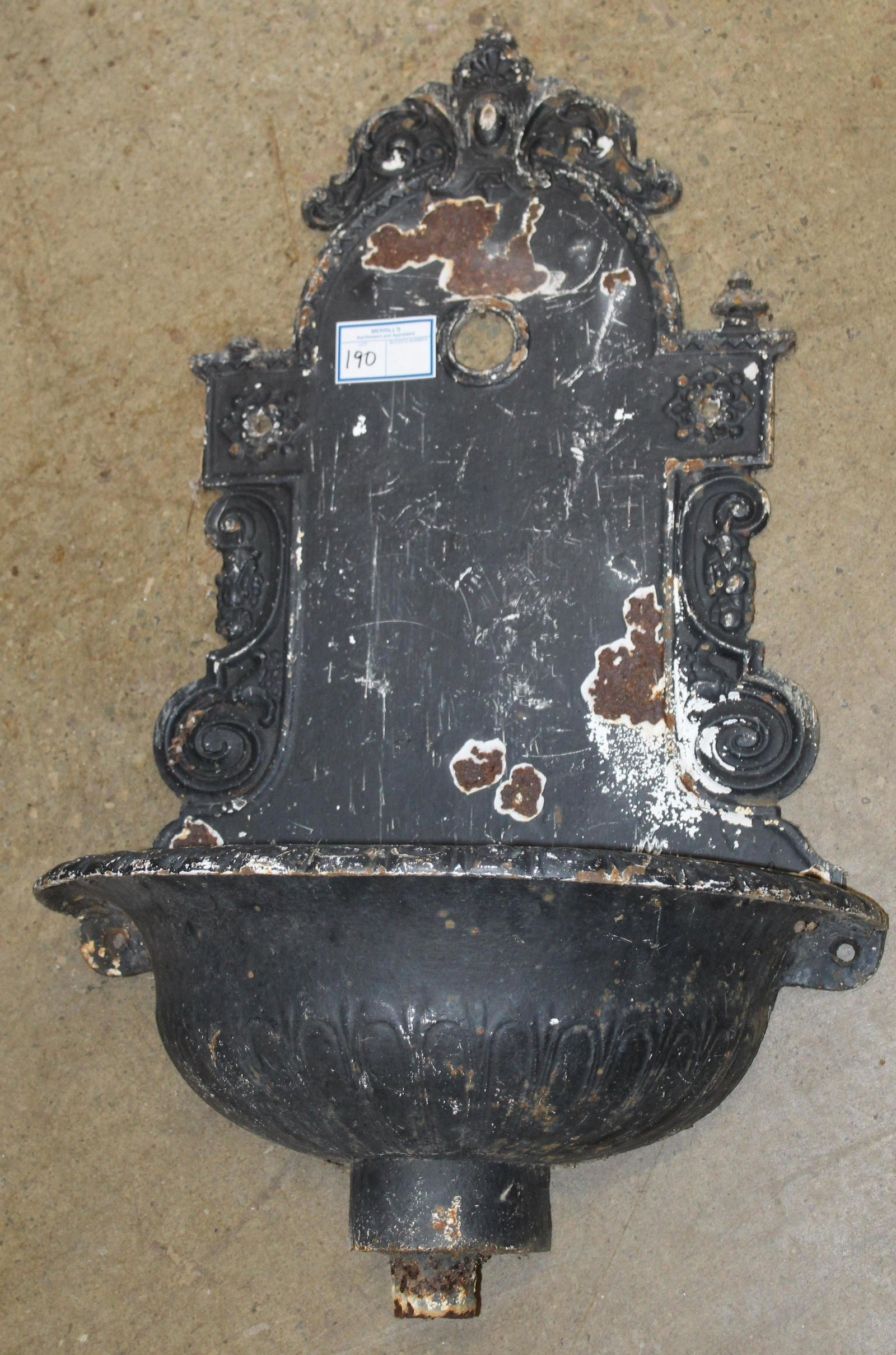19th c. French Cast Iron Lavabo Wall Fountain: 19th c. French Cast Iron Lavabo Wall Fountain with ornate backsplash, enamel painted over with some chips, missing drain cap 30" x 18" x 11"