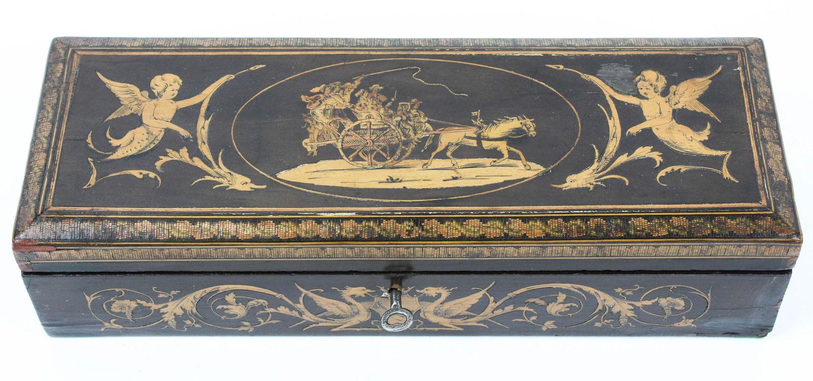 Victorian Tunbridge Ware Table Box: Victorian inlaid Tunbridge Ware table box, w/key, coaching scene on lid, mermaids & dragons on sides, small corner repair, length 12 1/4"